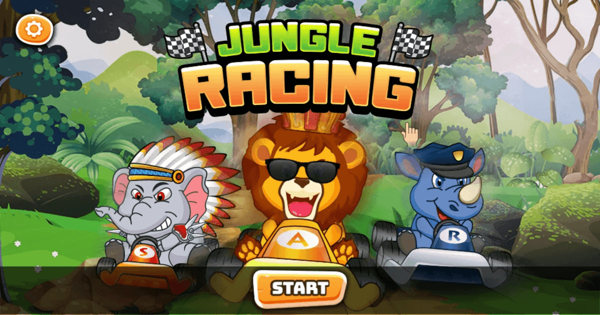 Jungle Racing kids typing game where players race with cute animals in the jungle